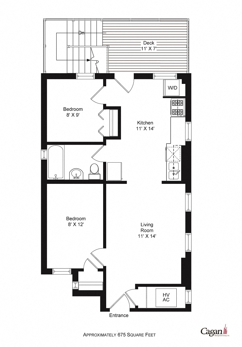 Floor plan for 2 beds, 1 bath, 675 sqft